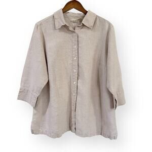 Linden Hill Womens X 100% Linen 3/4 Sleeves Button Down Shirt Beige Lagenlook